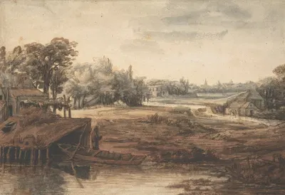 River Landscape with a Man Standing by a Boathouse by Филипс Конинк — digital art print download