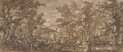Forest Scene, a Halt at the Left, a Hunt at the Center by Пьер Франческо Мола — digital art print download