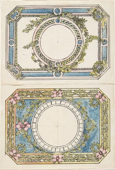 Two Separate Designs for the Top and Bottom of a Rectangular Gold Enameled Box with Canted Corners by Pierre Moreau —…
