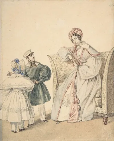 Fashion Drawing with a Woman Seated in a Chair with a Boy and Girl by Пьер-Нюма Бассаж — digital art print download