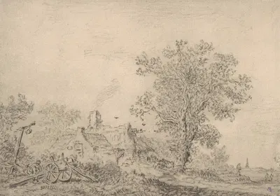 Landscape with cottages and a figure by a cart by Pieter de Molijn — digital art print download