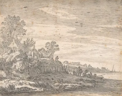 Village on an estuary, with a rowing boat on the shore by Pieter de Molijn — digital art print download