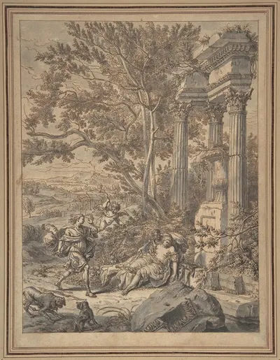 Silvio Approaches Dorinda whom He Has Wounded with an Arrow (Il Pastor Fido, act IV, scene 8) by Richard van Orley —…