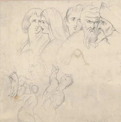 A Group of Five Heads and Further Studies by Теодор фон Холст — digital art print download