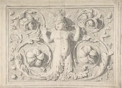 Antique Roman Sculpture with Nude Winged Boy at the Center and Leaves and Vines by Thomas Hardwick — digital art print…