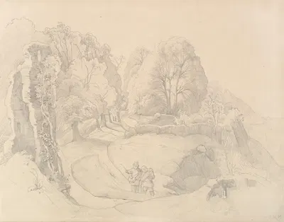 Wayfarers Near a Ruin in a Hilly Landscape by Victor Paul Mohn, 1863 — digital art print download