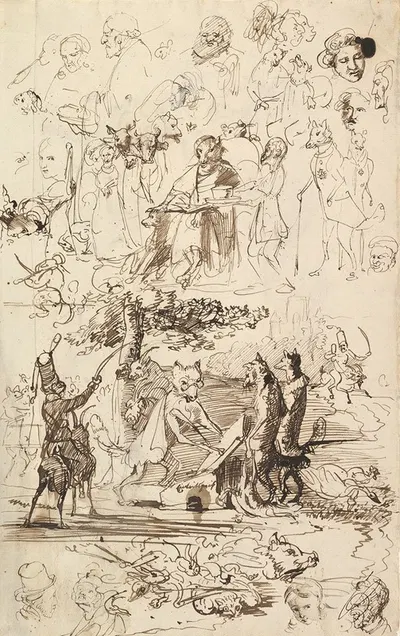 Sheet of Studies, Including for Reineke Fuchs by Wilhelm von Kaulbach — digital art print download