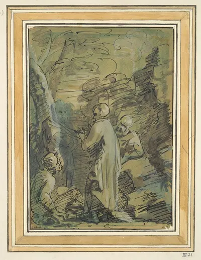 Four figures near a tree by Адам Колония — digital art print download