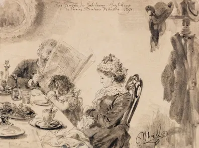 Frühstücksstunde (Familie im Kaffeehaus) by Адольф фон Менцель, 1891 — digital art print download