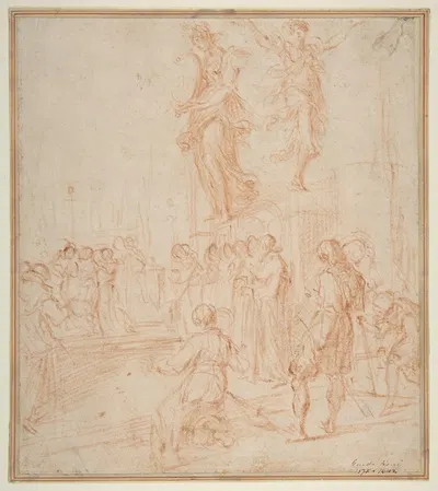 Figure Studies; Woman holding a Shield, a Dancing Female, and a Priest Supported at an Altar before a Group of Onlookers by…