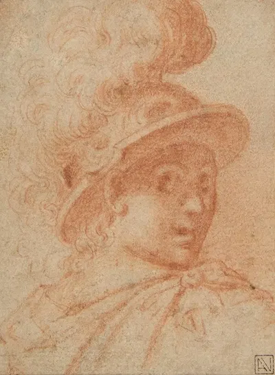 Bust of a Warrior Wearing a Plumed Helmet, Looking Toward Spectator Over His Right Shoulder by Camillo Procaccini — digital…