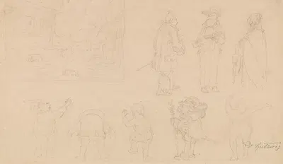 Skizzenblatt mit 8 Figurenskizzen, darunter Gnome, sowie Gartenkomposition mit Tor, Haus, Hund und Bäumen by Карл Спицвег,…
