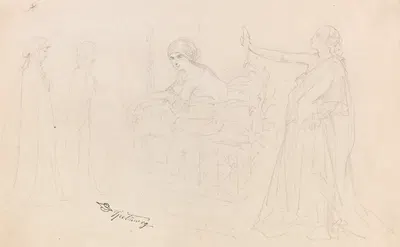 Figurenstudien; Eremit, Junge Frau am Fenster, Allegorie by Карл Спицвег, 1840 — digital art print download