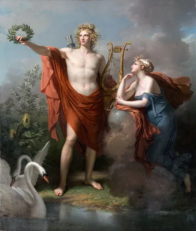 Apollo, God of Light, Eloquence, Poetry and The Fine Arts With Urania, Muse of Astronomy by Charles Meynier, 1798 — digital…