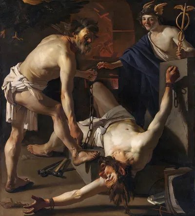 Prometheus Being Chained By Vulcan by Dirck Van Baburen, 1623 — digital art print download