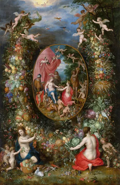 Garland of Fruit Surrounding a Depiction of Cybele Receiving Gifts From Personifications of The Four Seasons by Ян Брейгель…