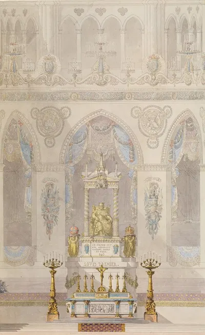 Interior Elevation of Reims Cathedral with a Statue of King Louis I and an Altar placed at Front by Charles Percier —…