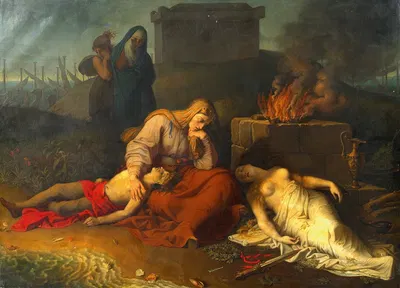 Hecabe with the corpses of her children Polyxena and Polydoros at the tomb of Achilles by Karl Russ, 1809 — digital art…