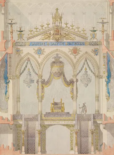 Interior Elevation of Reims Cathedral with the Rood Screen and Throne for the Coronation of King Louis XVIII by Charles…