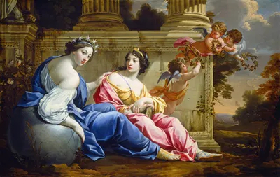 The Muses Urania and Calliope by Последователь Симона Вуэ — digital art print download