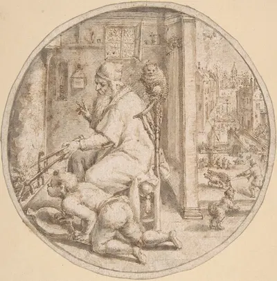 December; And Old Man Seated by a Hearth with a Young Man Blowing on the Fire by Crispijn de Passe the Elder — digital art…