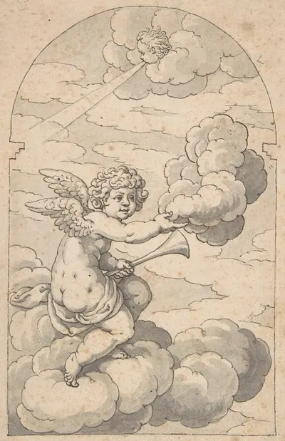 Putto Holding a Cloud and Horn by Crispijn de Passe the Elder — digital art print download