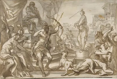 Male Figure with a Bow and Arrow Shooting at a Statue of a Woman with a Ball on her Head by Доменико Пиола, 1627–1703 —…