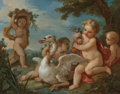 Putti Adorning A Swan With A Garland Of Flowers by Шарль-Жозеф Натоир, 1760 — digital art print download