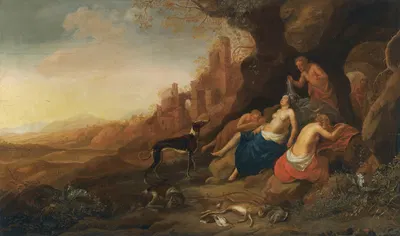 Diana And Her Nymphs Resting After A Hunt With Two Satyrs Spying On Them by Бартоломейс Бринберг — digital art print download