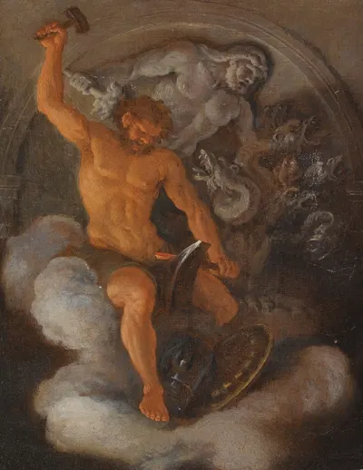 Vulcan At His Forge, Behind Him a Bas-Relief Of Hercules fighting The Hydra by Filippo Lauri — digital art print download