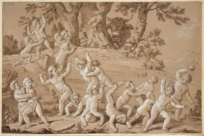 A Large Group of Putti Plunged into Terror by the Arrival of a Bull by Conrad Martin Metz, 1802 – 1827 — digital art print…