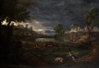Landscape during a Thunderstorm with Pyramus and Thisbe by Николя Пуссен, 1651 — digital art print download