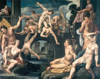Unge mænd brydes på en bro. Allegori by Reinhold Timm, 1621 - 1622 — digital art print download