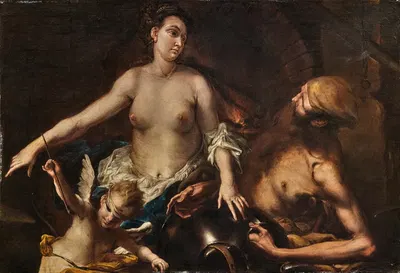 Venus in Vulcan´s Forge with Cupid blindfolded by Алессандро Маньяско — digital art print download