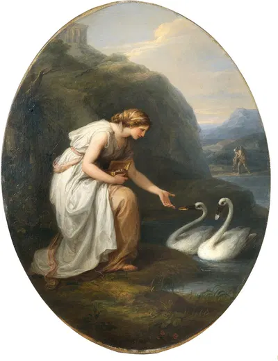 Immortalia, the nymph of immortality, receiving nameplates from two swans by Анжелика Кауфман — digital art print download