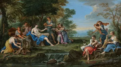 Landscape with Diana and her nymphs resting after the hunt by Filippo Lauri — digital art print download