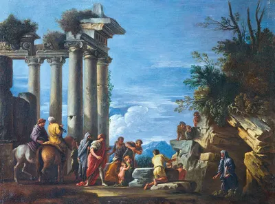 Figures by a ruined temple with Pythagoras appearing from the cavern by Джованни Джизольфи — digital art print download
