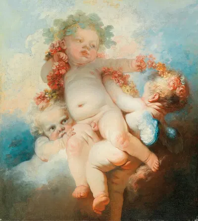 Three Putti crowned with flowers by Жан-Оноре Фрагонар — digital art print download