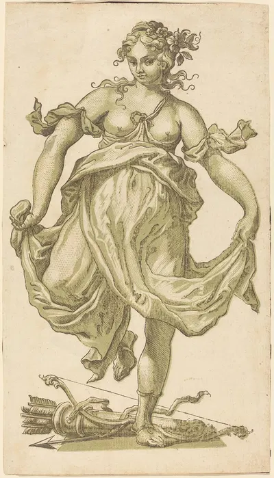 Dancing Nymph with Bow and Arrows by John Baptist Jackson, 1752-1754 — digital art print download