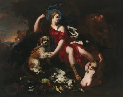 Diana resting, with her hunting dogs and putti by Lucas Franchoys the Younger — digital art print download