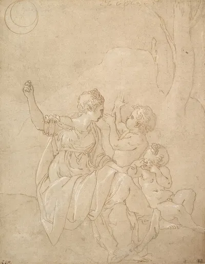 Classical Female Figure (Diana or Venus) with Two Infants by Francesco Primaticcio — digital art print download