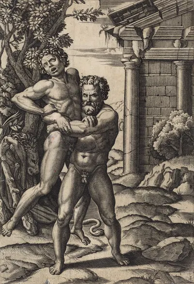 Hercules and Antaeus by Marcantonio Raimondi, 1520 — digital art print download