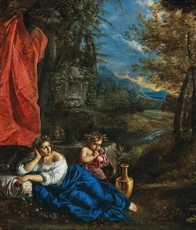 Flora and the Infant Bacchus in a wooded landscape by Пьер Франческо Мола — digital art print download