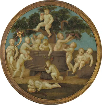 Putti with a Wine Press by Follower of Raphael, c. 1500 — digital art print download
