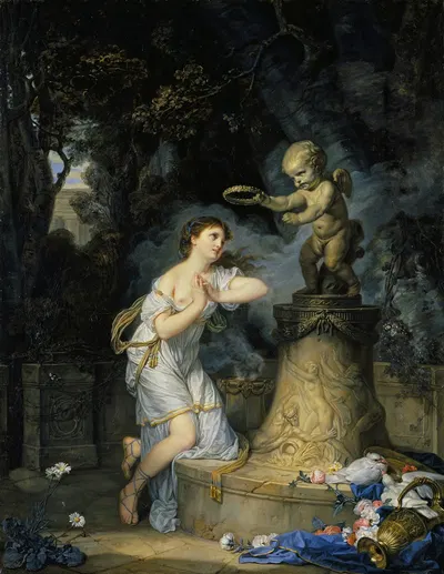 Une jeune Fille qui fait sa prière au pied de l'autel de l'Amour (A Young Woman Praying at the Altar of Love) by Жан-Батист…