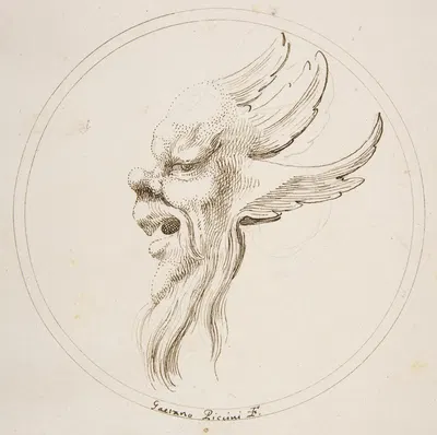 Grotesque Winged and Bearded Head Looking to the Left within a Circle by Gaetano Piccini, 1727 — digital art print download