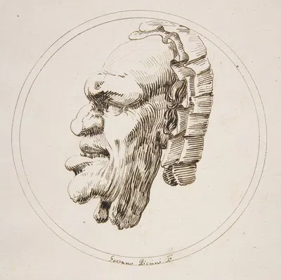 Human Mask Looking to the Left within a Circle by Gaetano Piccini, 1727 — digital art print download