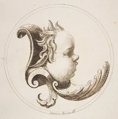 Putto's Head Looking to the Right with a Shell Beneath the Chin within a Circle by Gaetano Piccini, 1727 — digital art…
