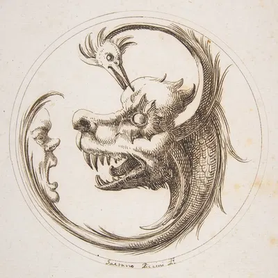 Two Beasts and a Human Mask within a Circle by Gaetano Piccini, 1727 — digital art print download
