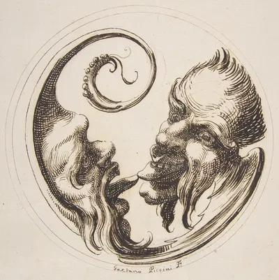 Two Grotesque Heads Facing One Another and Touching Tongues Within a Circle by Gaetano Piccini, 1727 — digital art print…